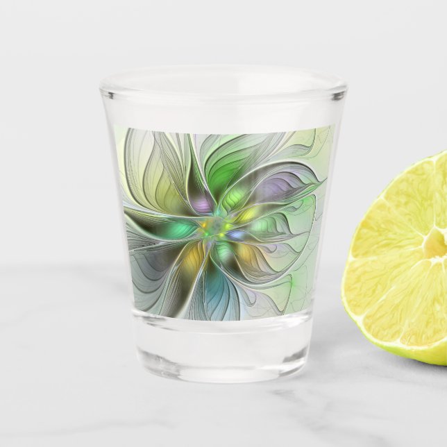 Colorful Fantasy Flower Modern Abstract Fractal Shot Glass (Front)