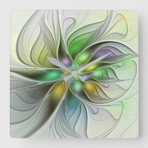 Colorful Fantasy Flower Modern Abstract Fractal Square Wall Clock