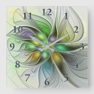 Colorful Fantasy Flower Modern Abstract Fractal Square Wall Clock