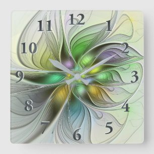 Colorful Fantasy Flower Modern Abstract Fractal Square Wall Clock