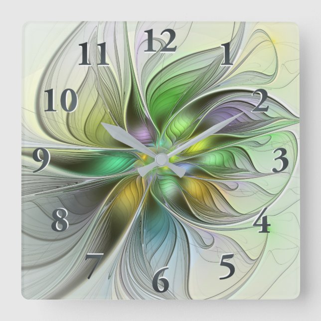 Colorful Fantasy Flower Modern Abstract Fractal Square Wall Clock (Front)