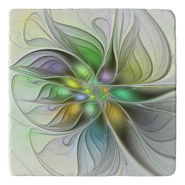 Colorful Fantasy Flower Modern Abstract Fractal Trivet (Front)