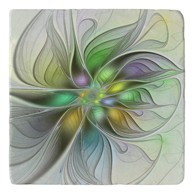 Colorful Fantasy Flower Modern Abstract Fractal Trivet (Front)