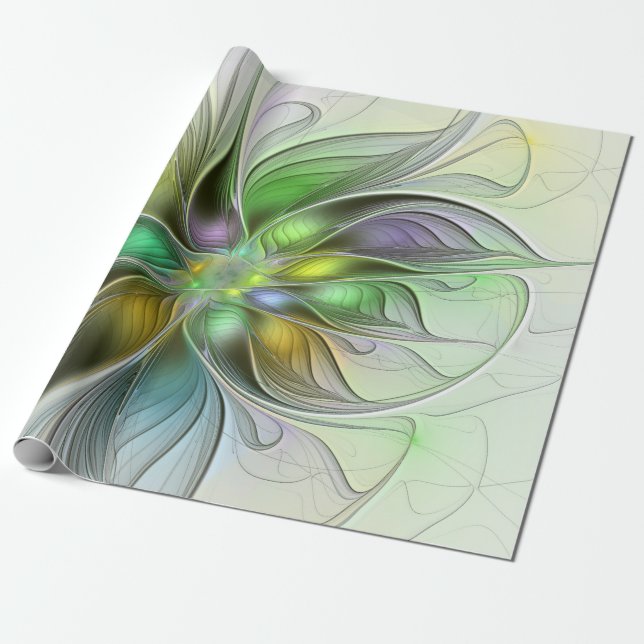 Colorful Fantasy Flower Modern Abstract Fractal Wrapping Paper (Unrolled)