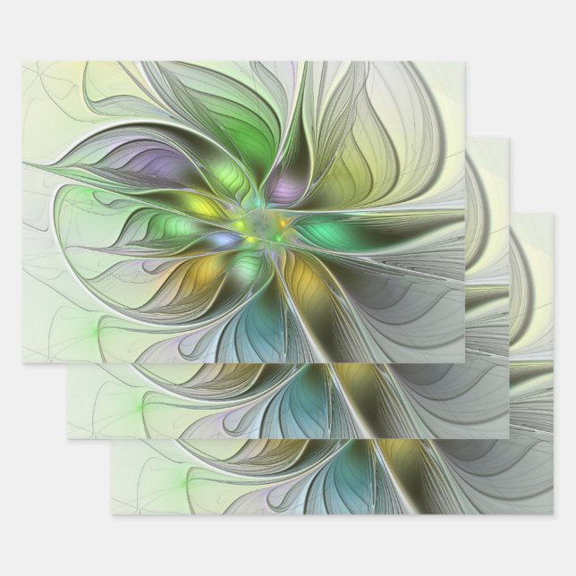 Colorful Fantasy Flower Modern Abstract Fractal Wrapping Paper Sheets (Set)