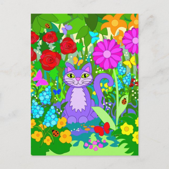 Colorful Fantasy Garden Smiling Cat Butterflies Postcard (Front)