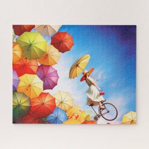 Colorful Fantasy Imagination Girl with Umbrellas Jigsaw Puzzle