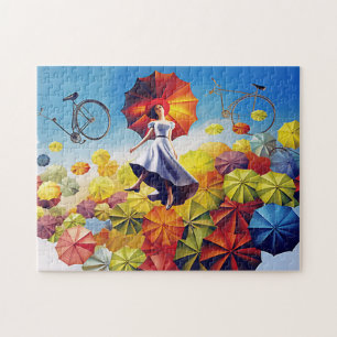 Colorful Fantasy Imagination Girl with Umbrellas Jigsaw Puzzle