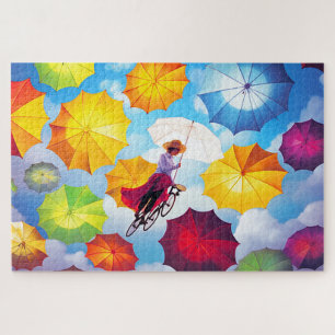 Colorful Fantasy Imagination Girl with Umbrellas Jigsaw Puzzle