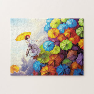 Colorful Fantasy Imagination Girl with Umbrellas Jigsaw Puzzle