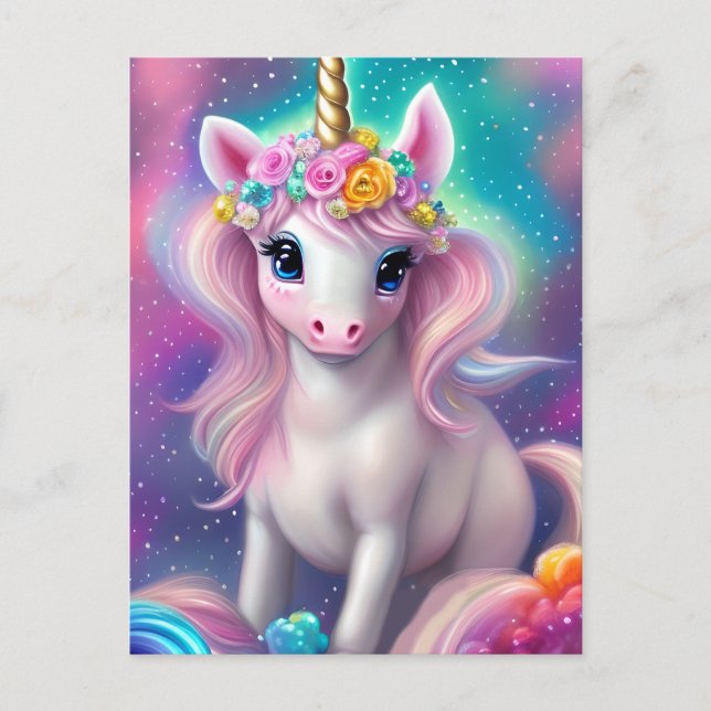 Colorful Fantasy Kawaii Unicorn  Postcard (Front)