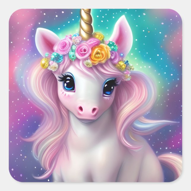 Colorful Fantasy Kawaii Unicorn  Square Sticker (Front)