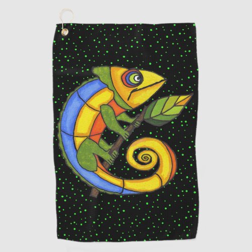 Colorful Fantasy Lizard Holding Twig Leaf Dots Golf Towel