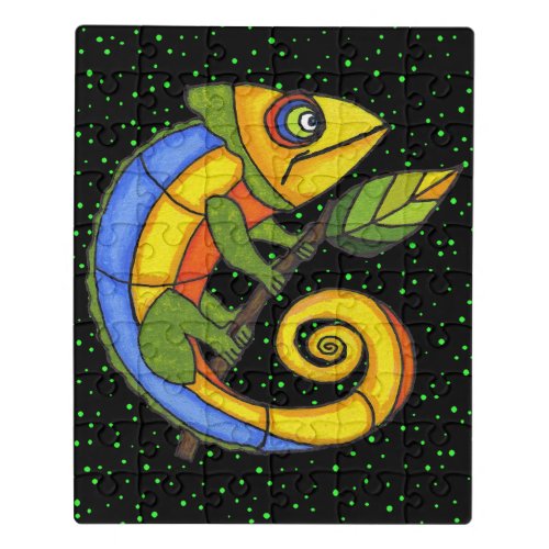 Colorful Fantasy Lizard holding Twig Leaf Dots Jigsaw Puzzle