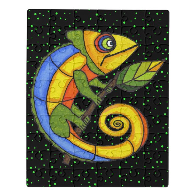 Colorful Fantasy Lizard holding Twig Leaf Dots Jigsaw Puzzle (Puzzle Vertical)