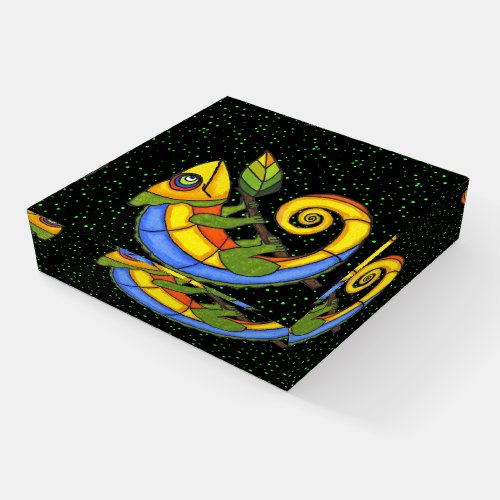 Colorful fantasy Lizard Holding twig Leaf Dots  Paperweight