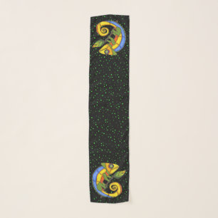 Colorful Fantasy Lizard on Twig Green Polka Dots Scarf
