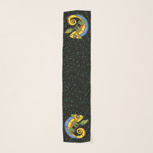 Colorful Fantasy Lizard on Twig Green Polka Dots Scarf