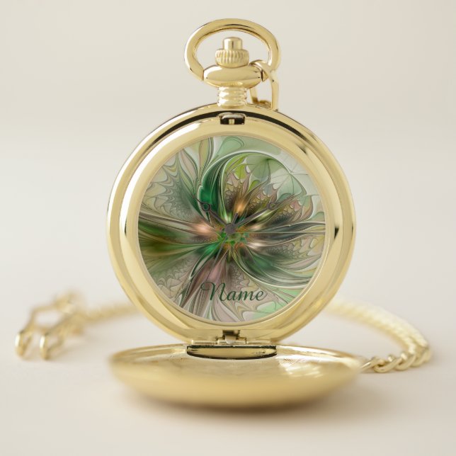 Colorful Fantasy Modern Abstract Art Flower Name Pocket Watch (Inside)