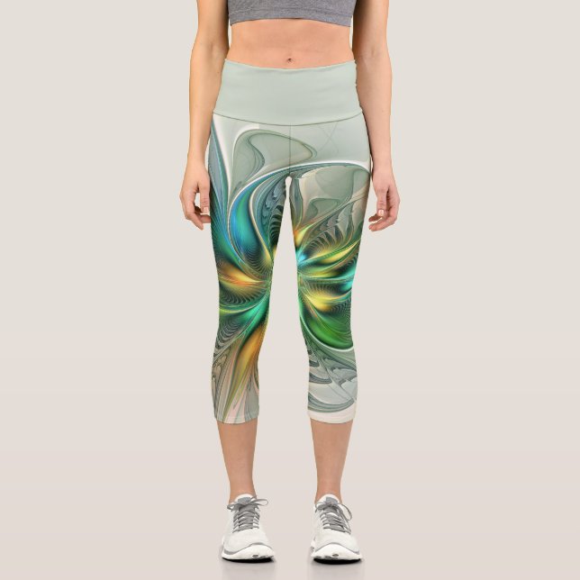 Colorful Fantasy Modern Abstract Flower Fractal Capri Leggings (Front)