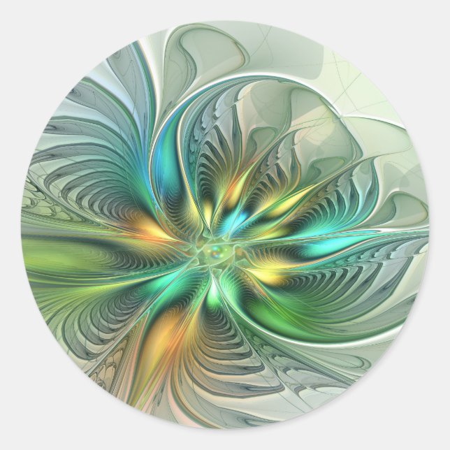 Colorful Fantasy Modern Abstract Flower Fractal Classic Round Sticker (Front)