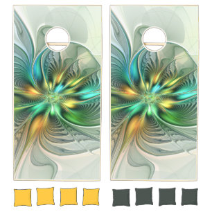 Colorful Fantasy Modern Abstract Flower Fractal Cornhole Set