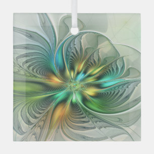 Colorful Fantasy Modern Abstract Flower Fractal Glass Ornament