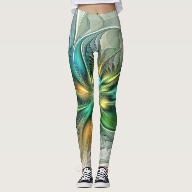 Colorful Fantasy Modern Abstract Flower Fractal Leggings (Front)