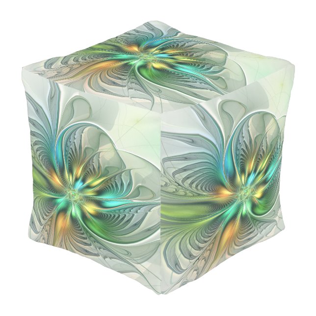 Colorful Fantasy Modern Abstract Flower Fractal Outdoor Pouf (Angled Front)