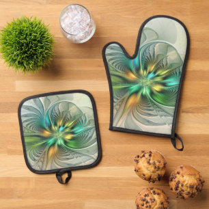Colorful Fantasy Modern Abstract Flower Fractal Oven Mitt & Pot Holder Set