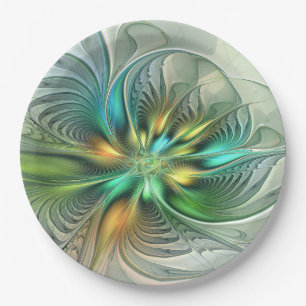 Colorful Fantasy Modern Abstract Flower Fractal Paper Plates