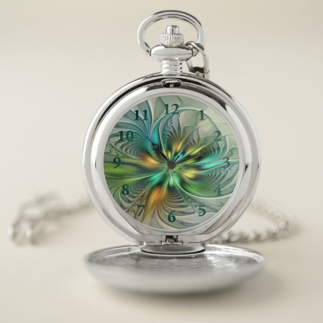 Colorful Fantasy Modern Abstract Flower Fractal Pocket Watch (Inside)