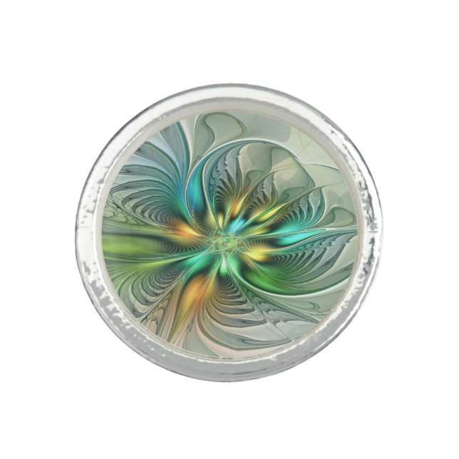 Colorful Fantasy Modern Abstract Flower Fractal Ring (Front)