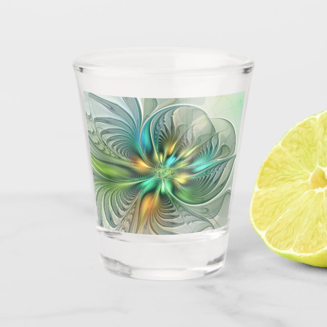 Colorful Fantasy Modern Abstract Flower Fractal Shot Glass (Front)