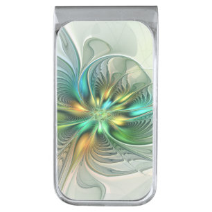 Colorful Fantasy Modern Abstract Flower Fractal Silver Finish Money Clip