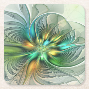 Colorful Fantasy Modern Abstract Flower Fractal Square Paper Coaster