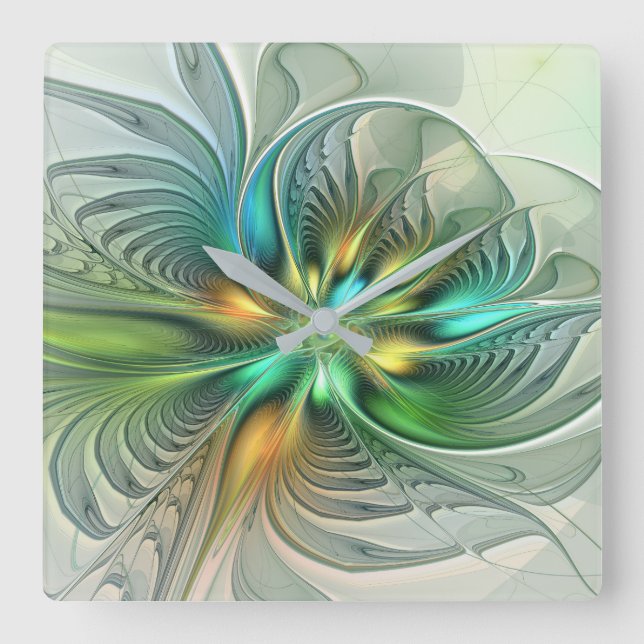 Colorful Fantasy Modern Abstract Flower Fractal Square Wall Clock (Front)