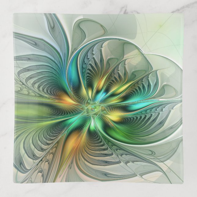 Colorful Fantasy Modern Abstract Flower Fractal Trinket Tray (Front)
