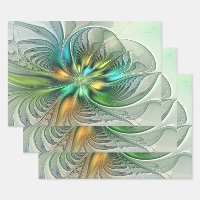 Colorful Fantasy Modern Abstract Flower Fractal Wrapping Paper Sheets (Set)