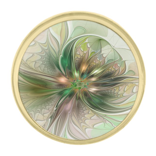 Colorful Fantasy Modern Abstract Fractal Flower Gold Finish Lapel Pin (Front)