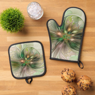 Colorful Fantasy Modern Abstract Fractal Flower Oven Mitt & Pot Holder Set