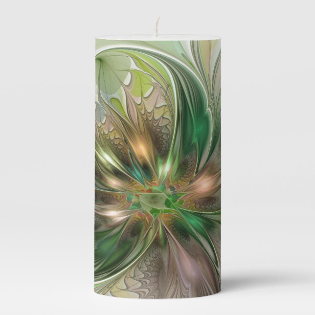 Colorful Fantasy Modern Abstract Fractal Flower Pillar Candle (Front)