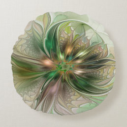 Colorful Fantasy Modern Abstract Fractal Flower Round Pillow