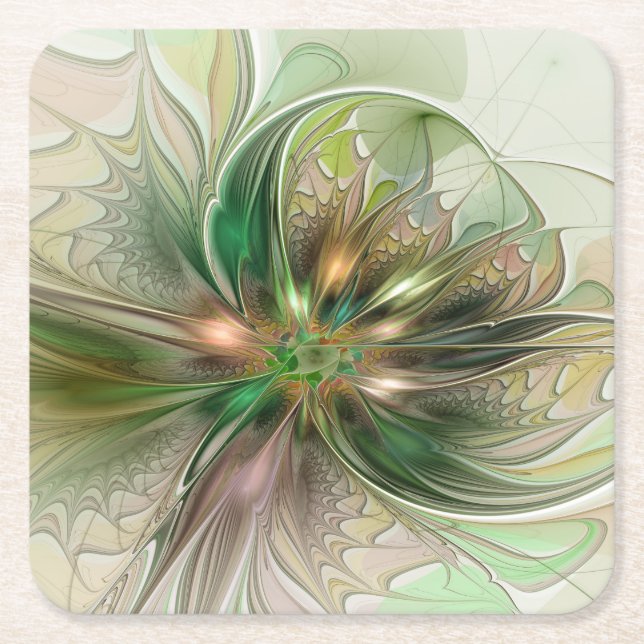 Colorful Fantasy Modern Abstract Fractal Flower Square Paper Coaster (Front)