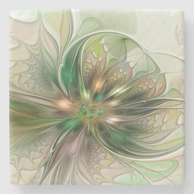 Colorful Fantasy Modern Abstract Fractal Flower Stone Coaster (Front)