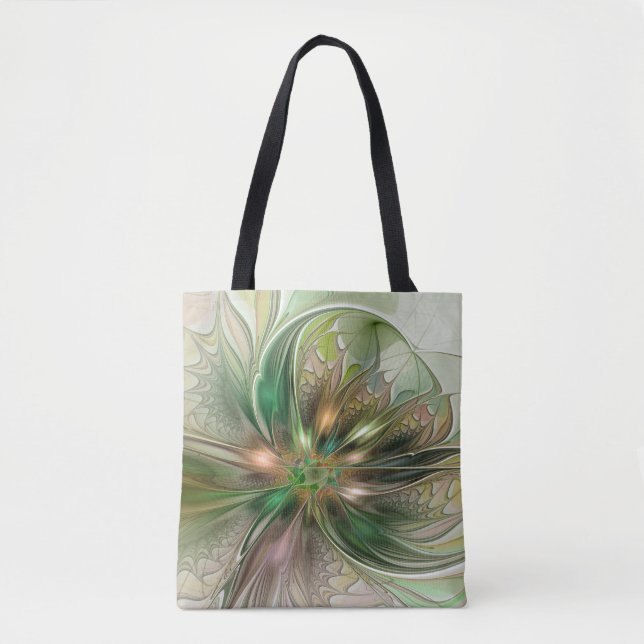 Colorful Fantasy Modern Abstract Fractal Flower Tote Bag (Front)