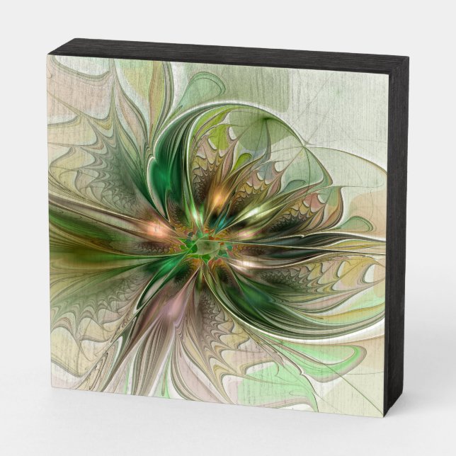 Colorful Fantasy Modern Abstract Fractal Flower Wooden Box Sign (Angled Horizontal)