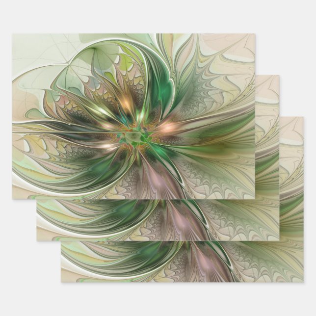 Colorful Fantasy Modern Abstract Fractal Flower Wrapping Paper Sheets (Set)