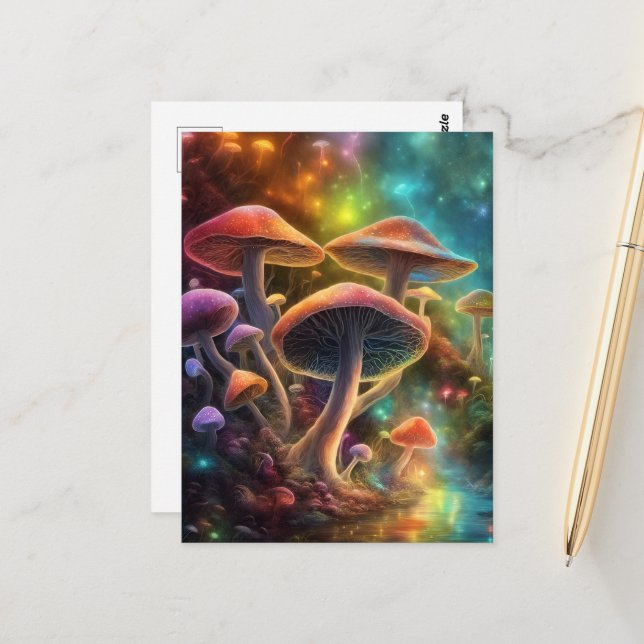 Colorful Fantasy Mushrooms Postcard (Front/Back In Situ)