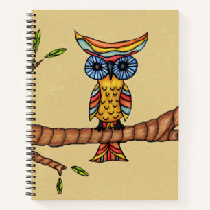 Colorful Fantasy Owl Blue Eyes Branch Leaves Tan Notebook